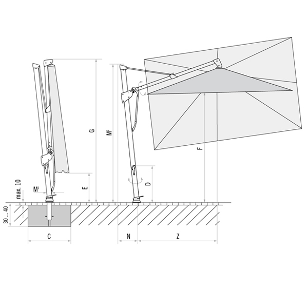 Diagram of a folded and extended Sombrano Sidepost Umbrella